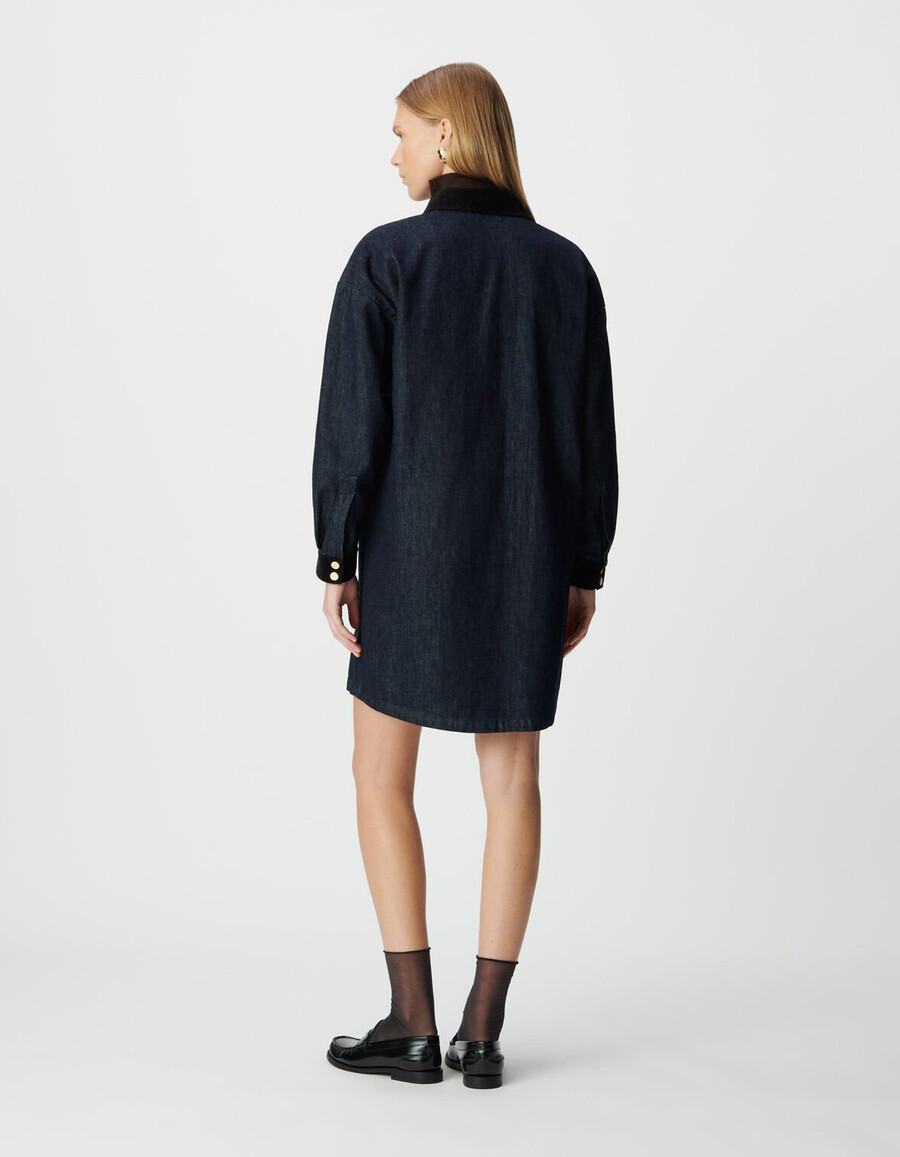 vestido camisero vaquero azul para mujer cuello y puños de terciopelo