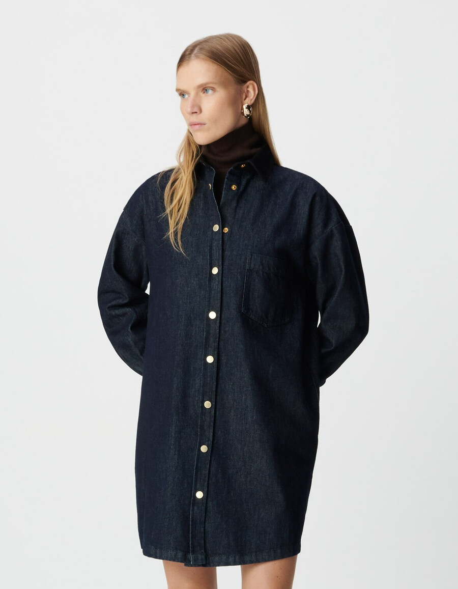 vestido camisero vaquero azul para mujer cuello y puños de terciopelo