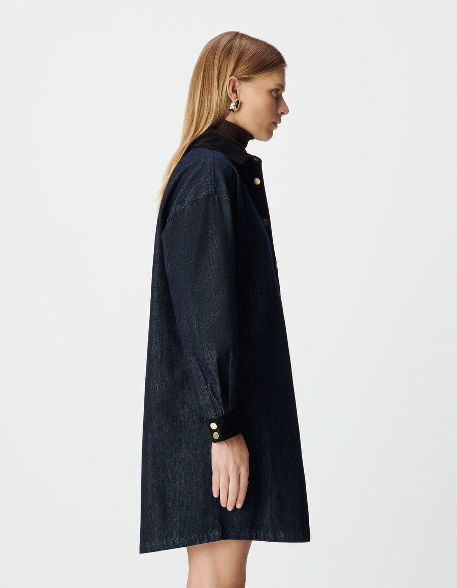 vestido camisero vaquero azul para mujer cuello y puños de terciopelo