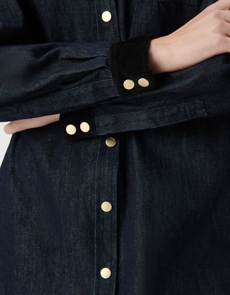 vestido camisero vaquero azul para mujer cuello y puños de terciopelo
