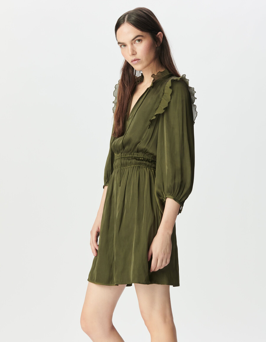 vestido de satén arrugado color caqui para mujer con volantes plisados