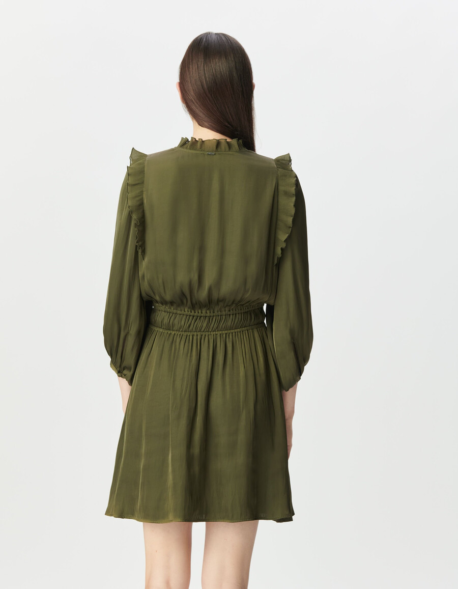 vestido de satén arrugado color caqui para mujer con volantes plisados