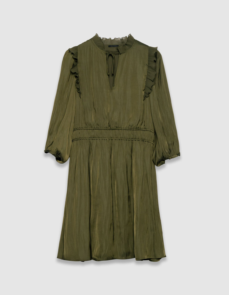 vestido de satén arrugado color caqui para mujer con volantes plisados