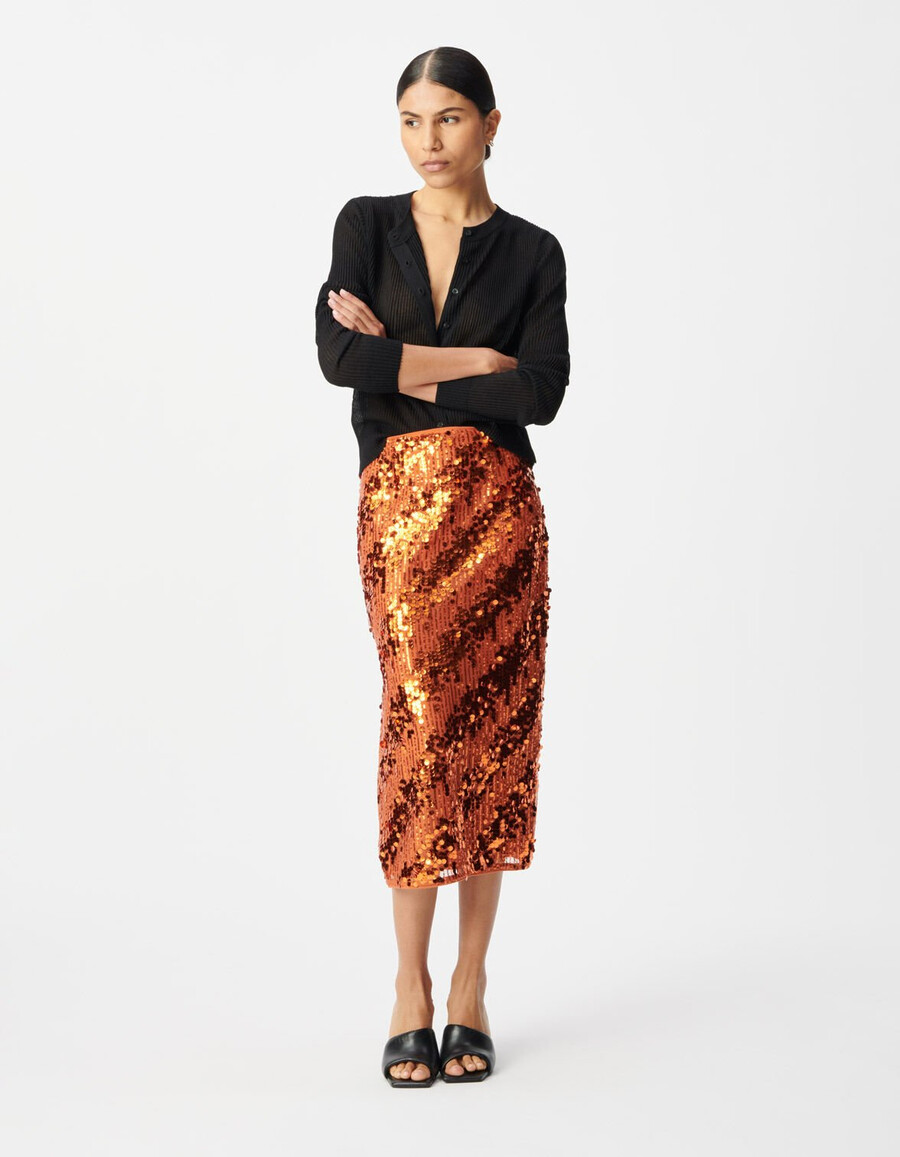 falda midi de lentejuelas en color calabaza para mujer