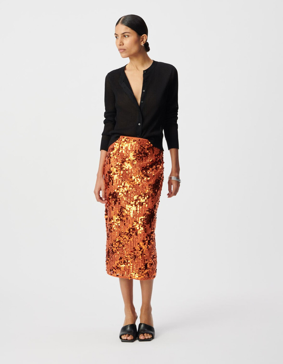 falda midi de lentejuelas en color calabaza para mujer