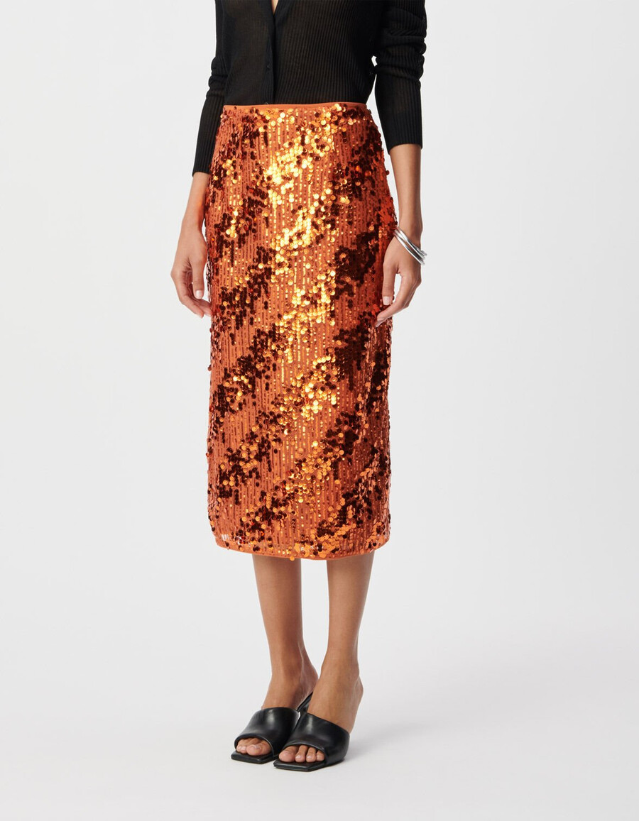 falda midi de lentejuelas en color calabaza para mujer