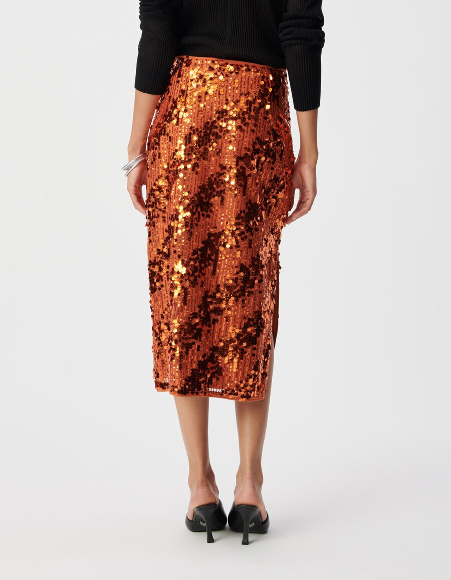 falda midi de lentejuelas en color calabaza para mujer