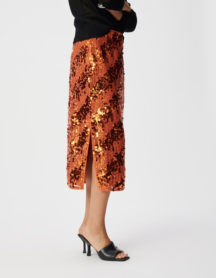 falda midi de lentejuelas en color calabaza para mujer