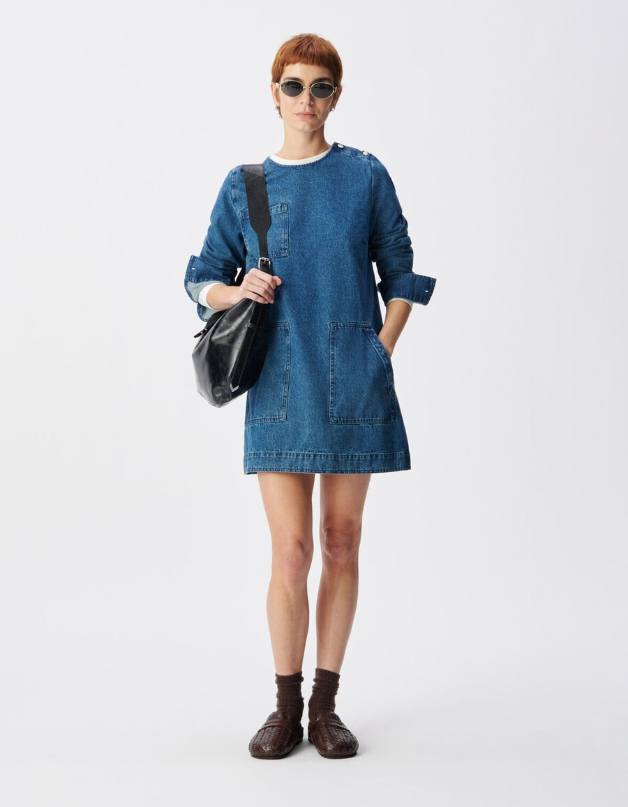 vestido vaquero azul para mujer con tres bolsillos de parche