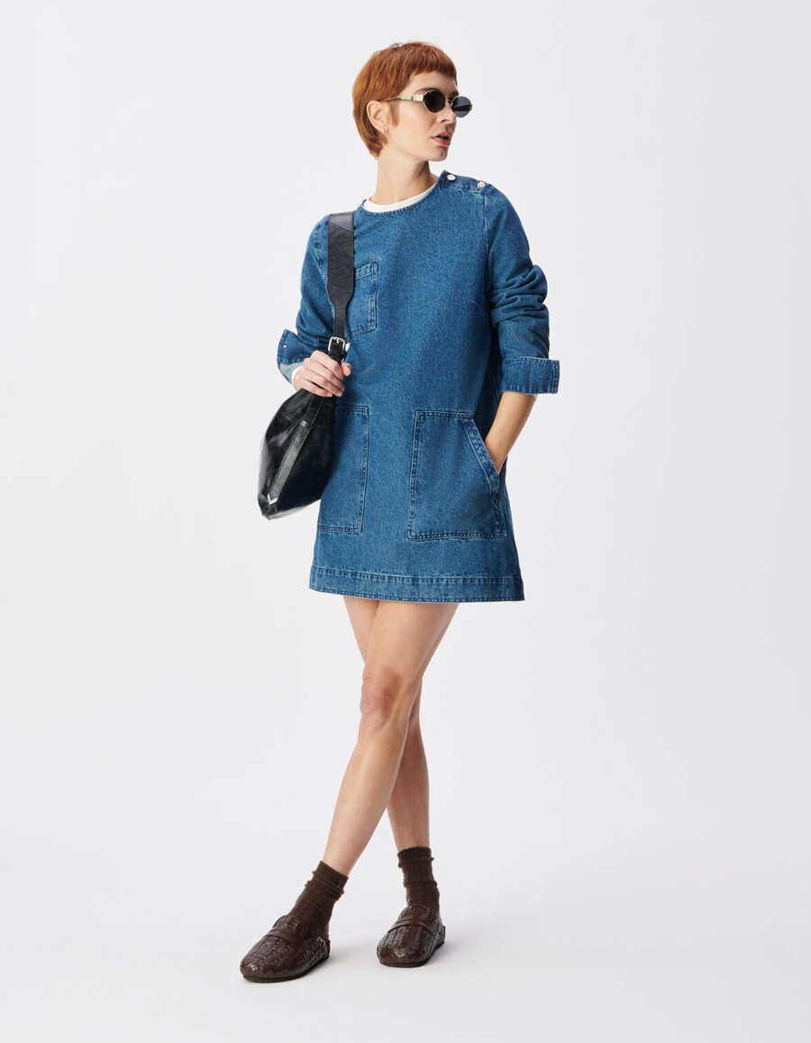 vestido vaquero azul para mujer con tres bolsillos de parche