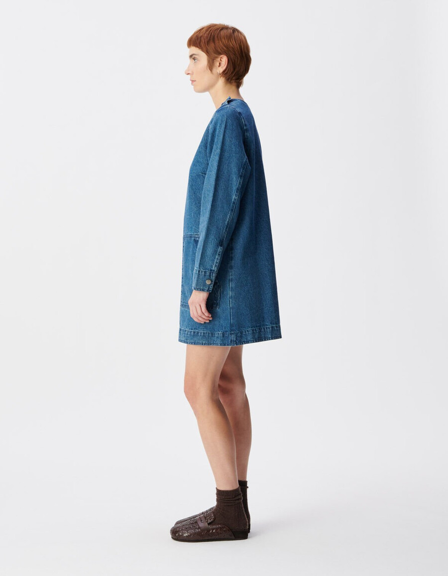 vestido vaquero azul para mujer con tres bolsillos de parche