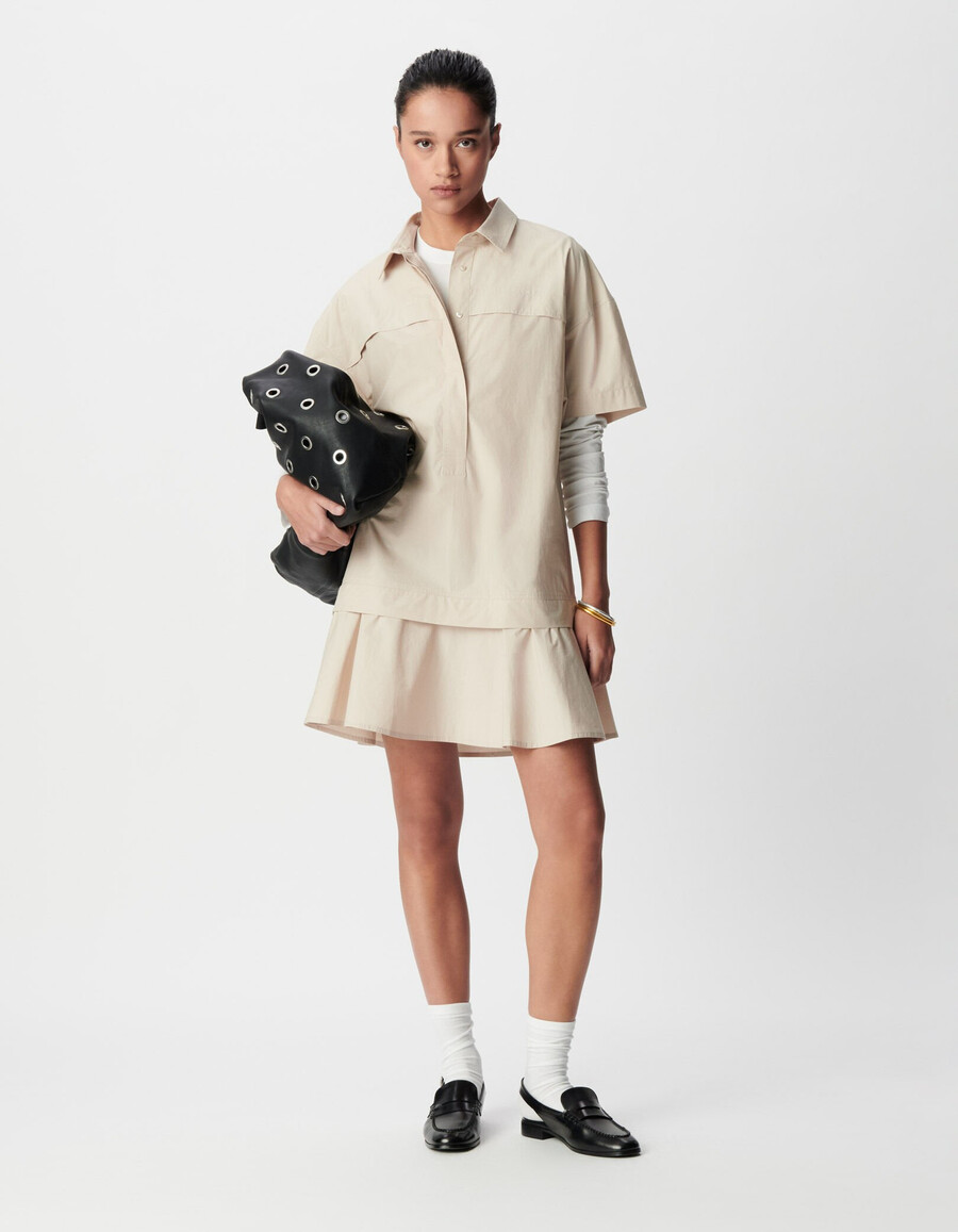 vestido corto beige con falda trampantojo para mujer