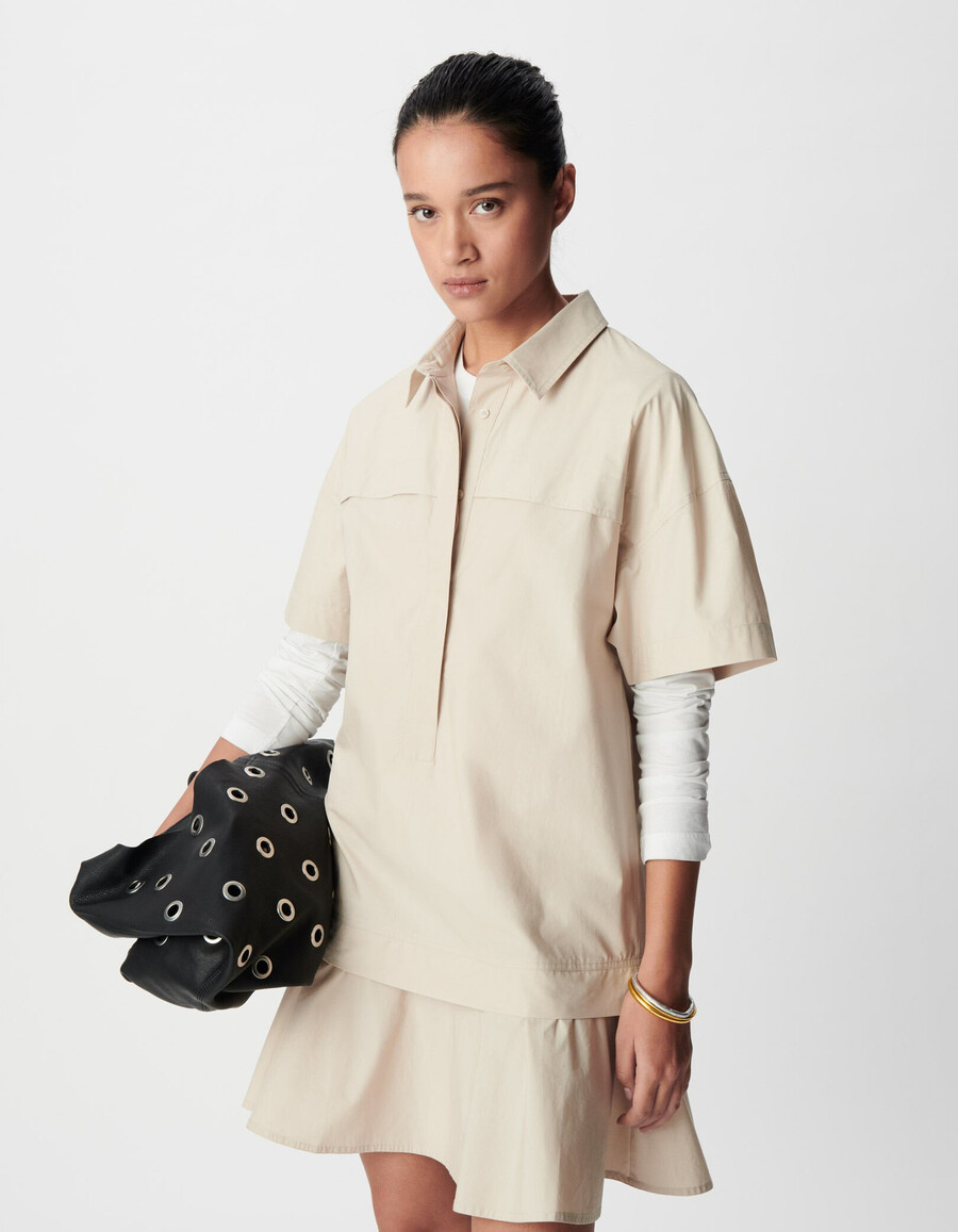 vestido corto beige con falda trampantojo para mujer