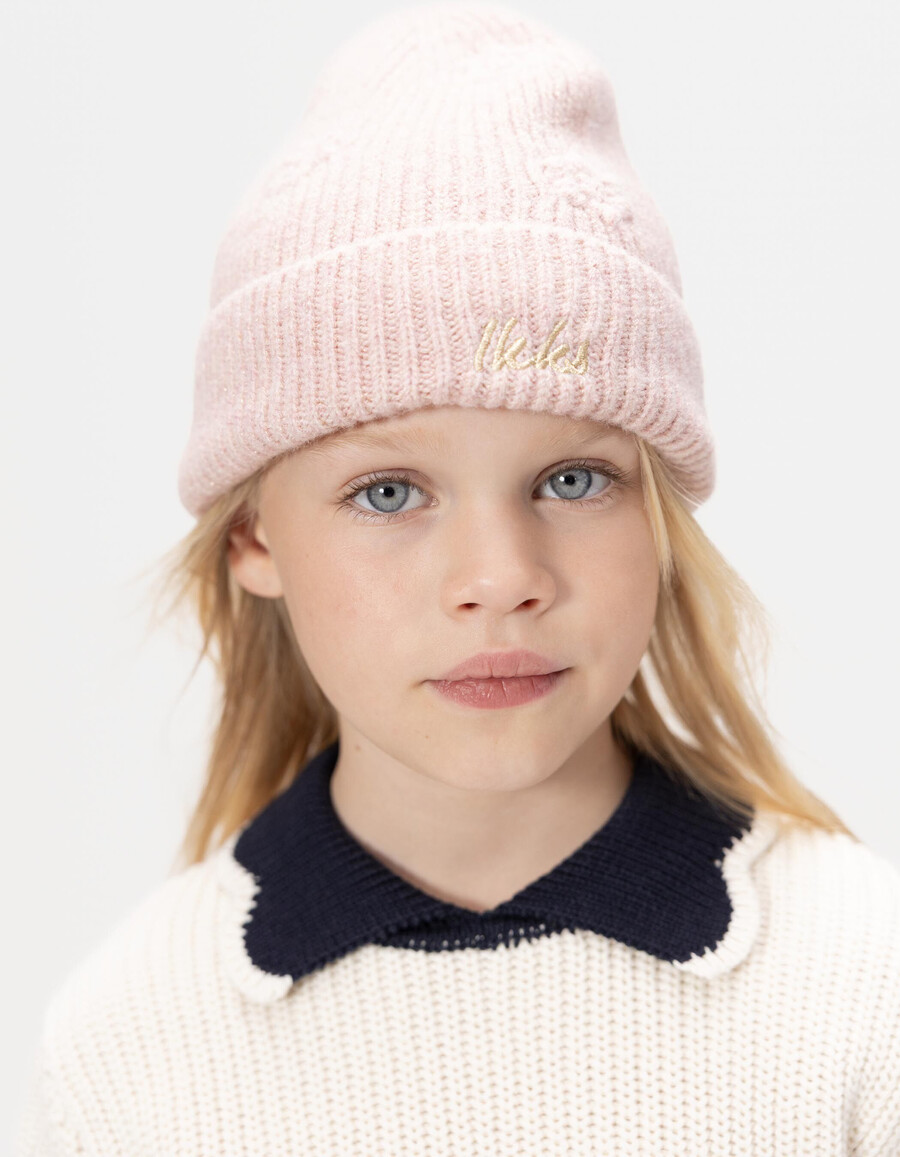 gorro de punto rosa brillante con bordado de flores para niña
