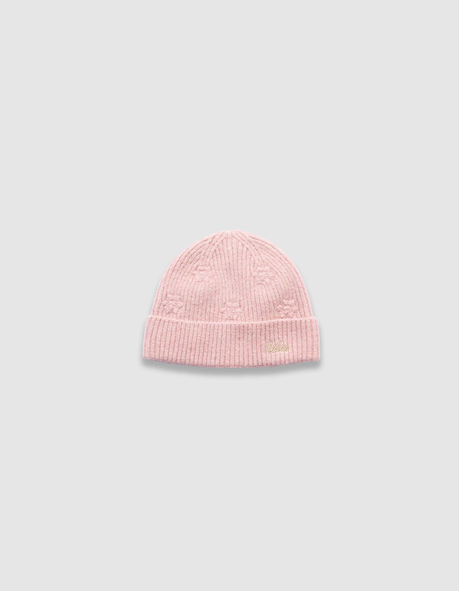 gorro de punto rosa brillante con bordado de flores para niña