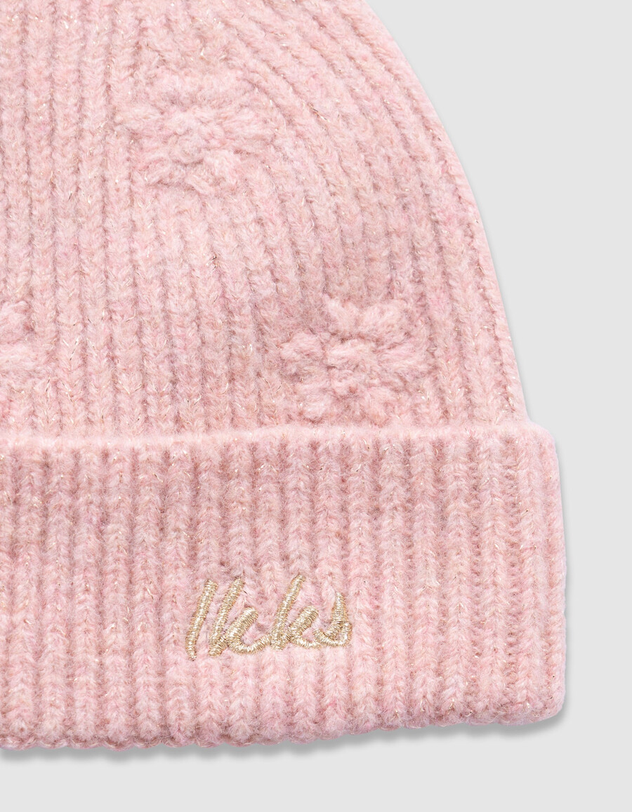 gorro de punto rosa brillante con bordado de flores para niña