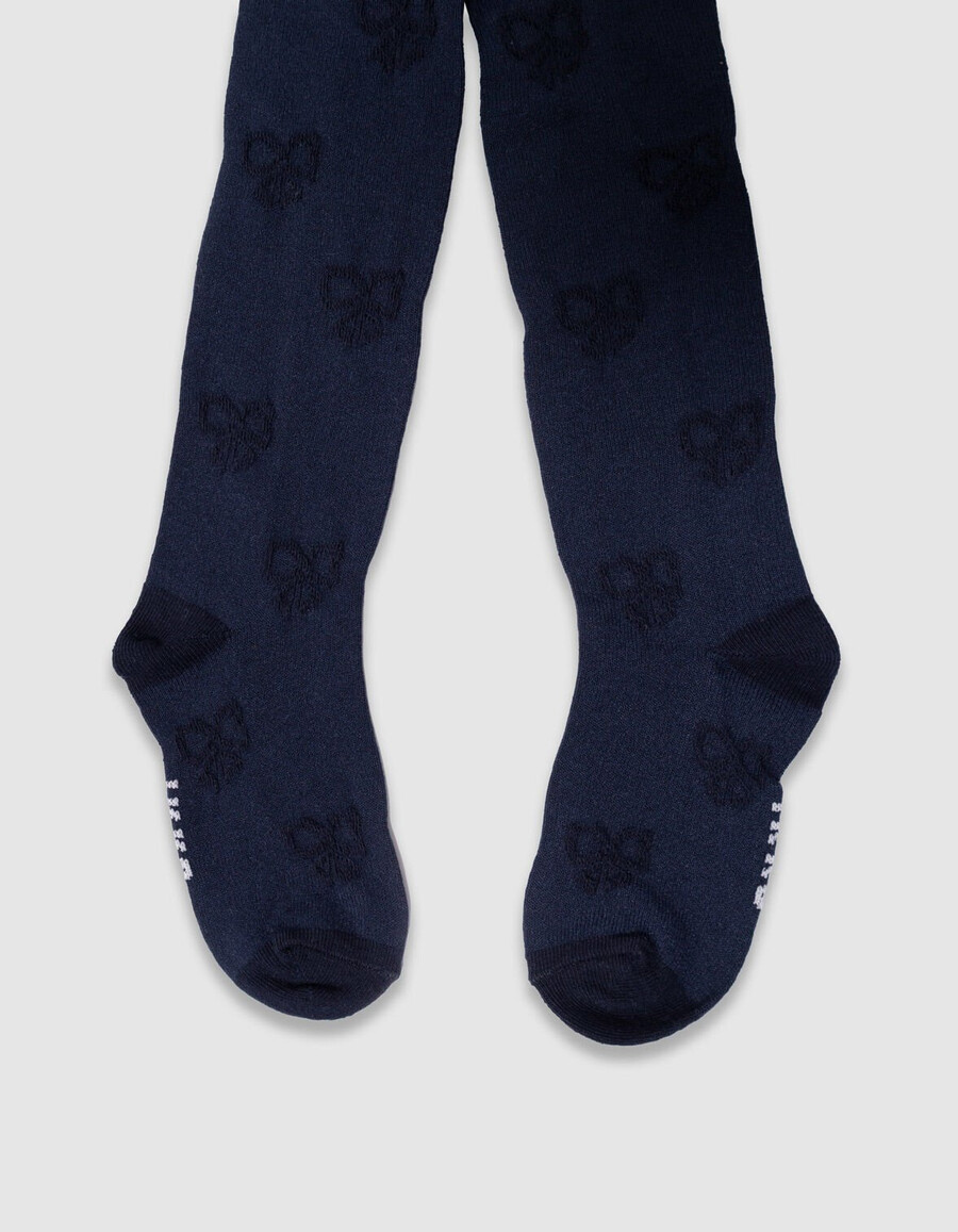 medias de punto jacquard azul marino para niña con motivo de lazo
