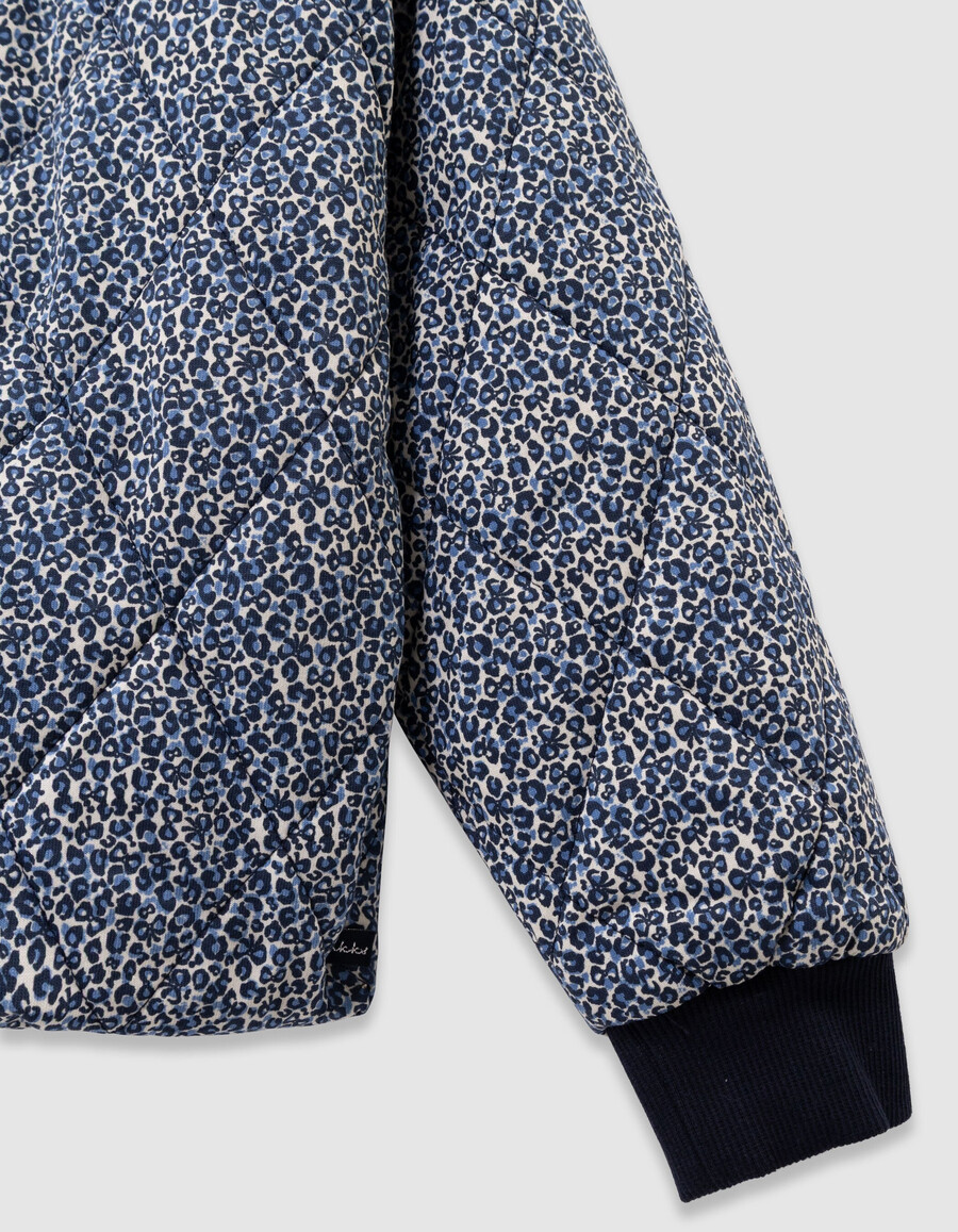 cárdigan acolchado azul marino para niña con estampado de lazo de leopardo