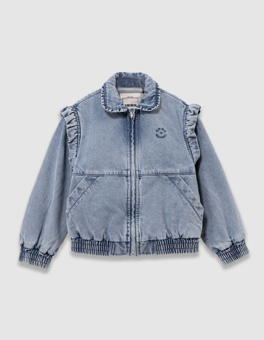 chaqueta vaquera azul para niña con mangas desmontables