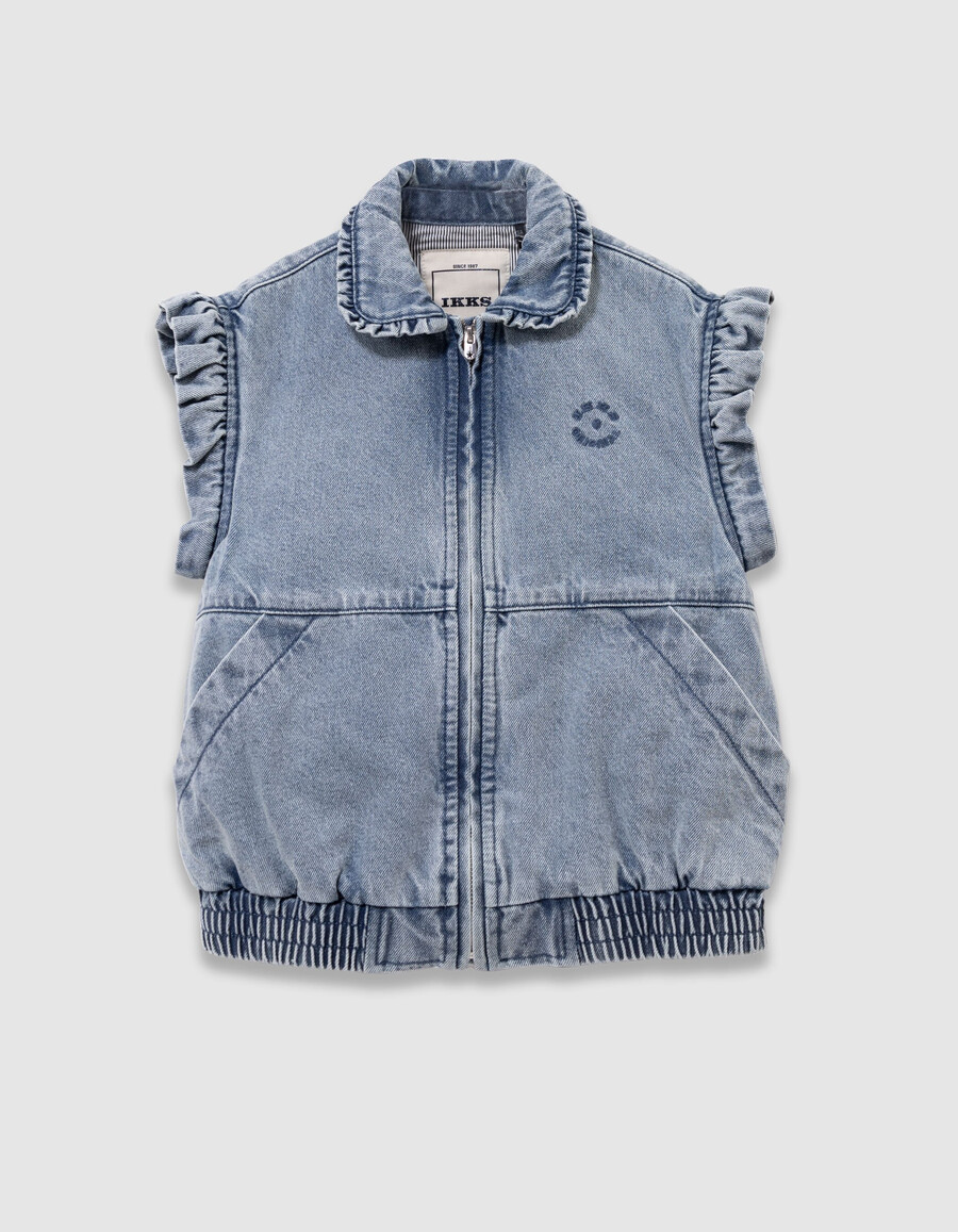 chaqueta vaquera azul para niña con mangas desmontables