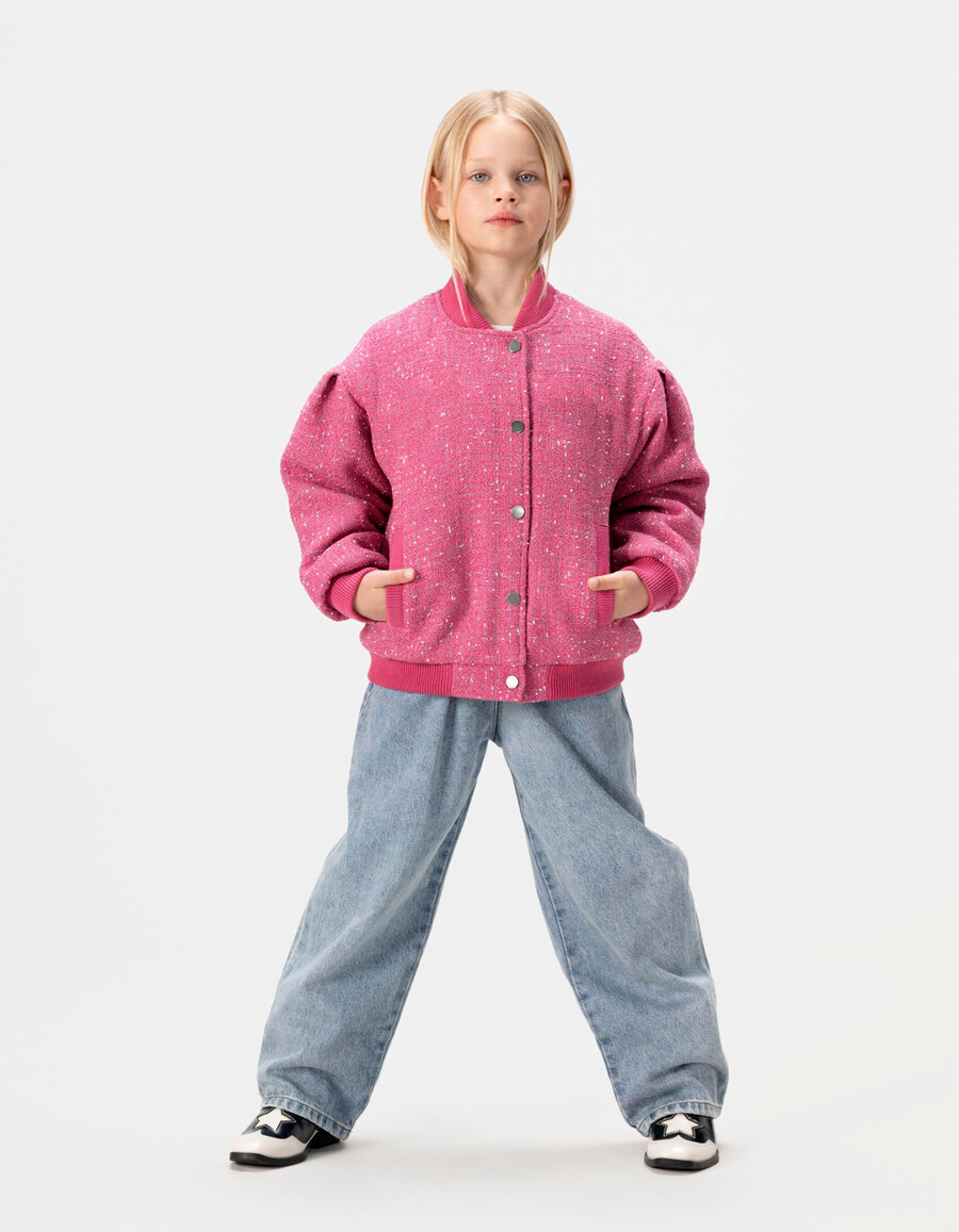 chaqueta rosa con efecto tweed para niña