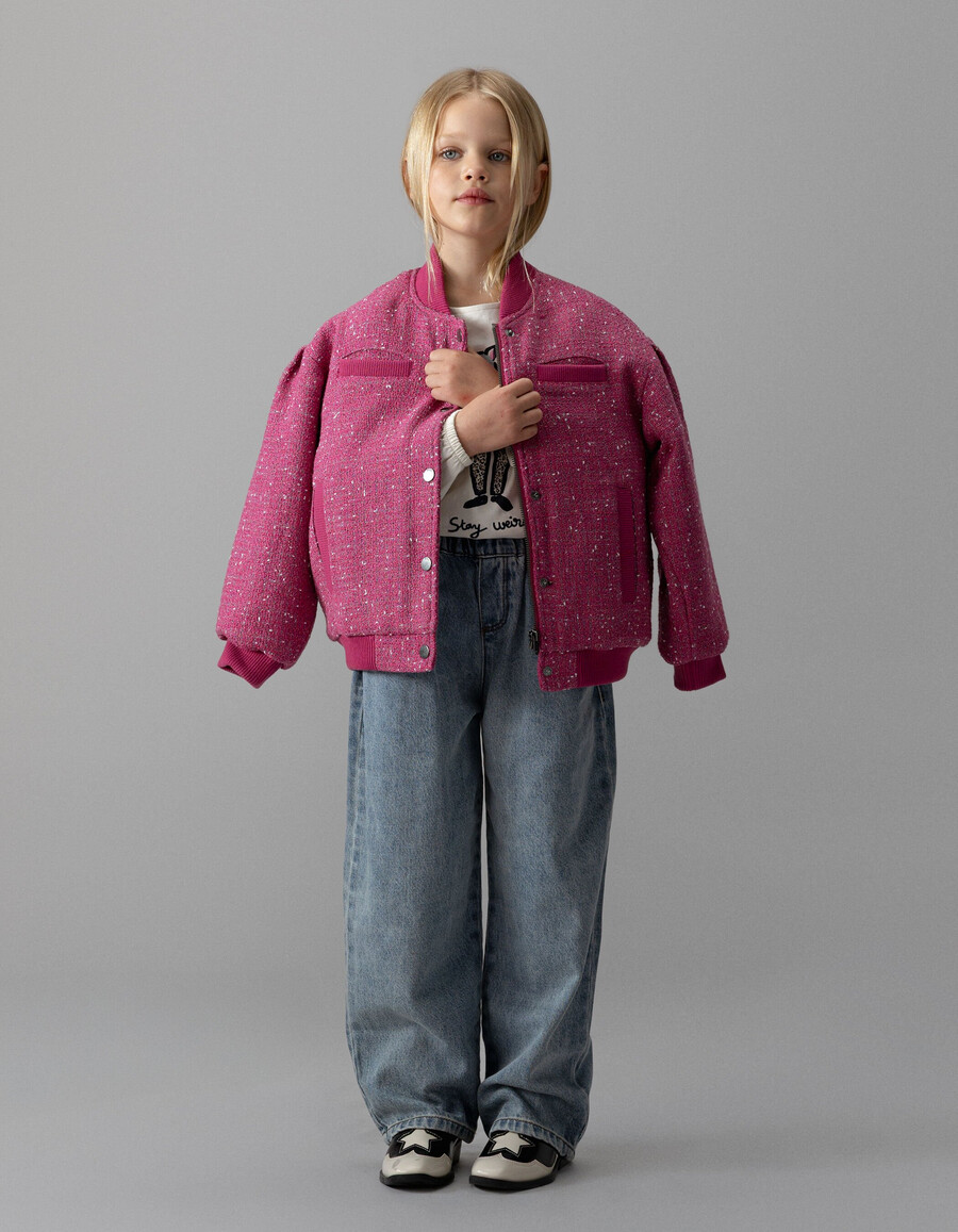 chaqueta rosa con efecto tweed para niña