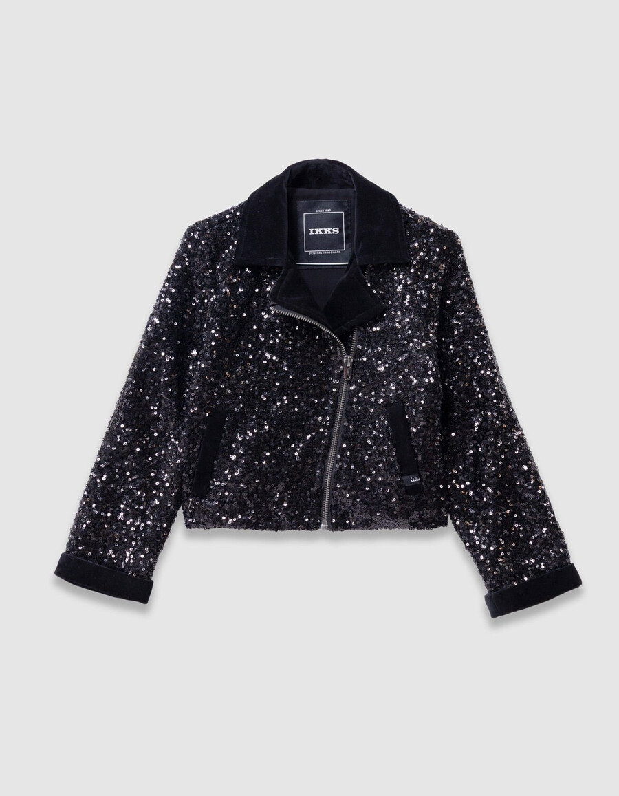 chaqueta biker negra con lentejuelas para niña