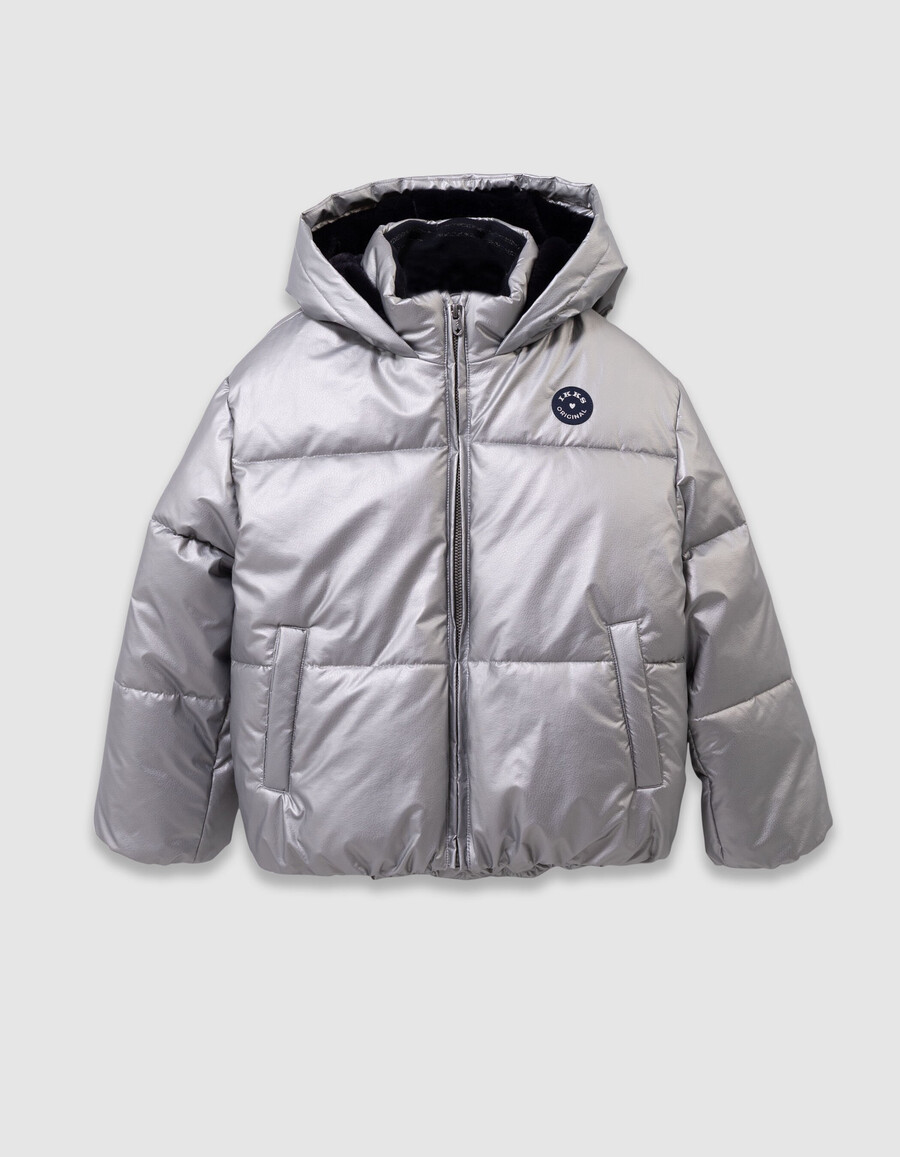 chaqueta acolchada plateada para niña con capucha forrada de piel azul marino