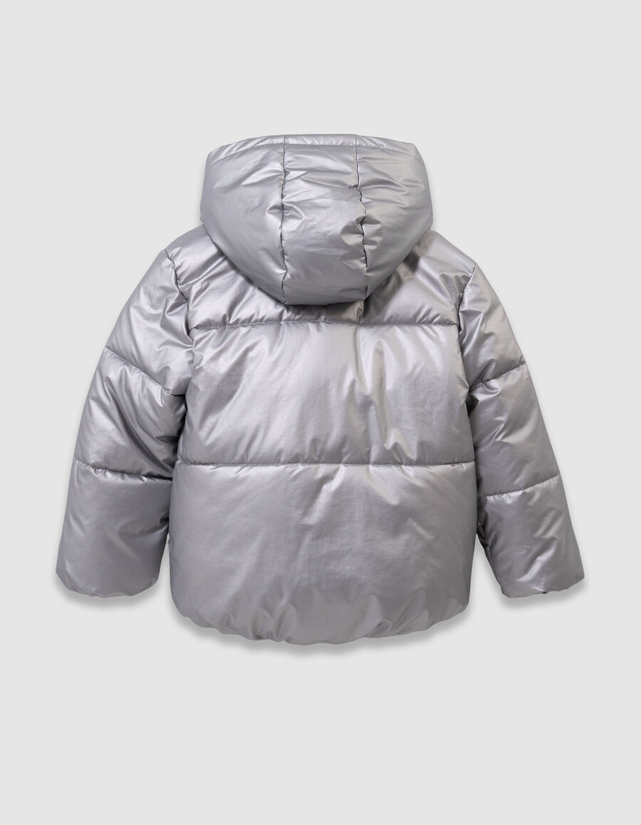 chaqueta acolchada plateada para niña con capucha forrada de piel azul marino