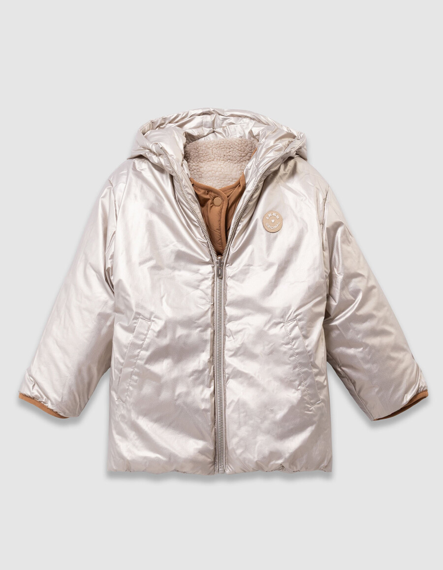 chaqueta acolchada reversible con cuadros dorados y sherpa para niña