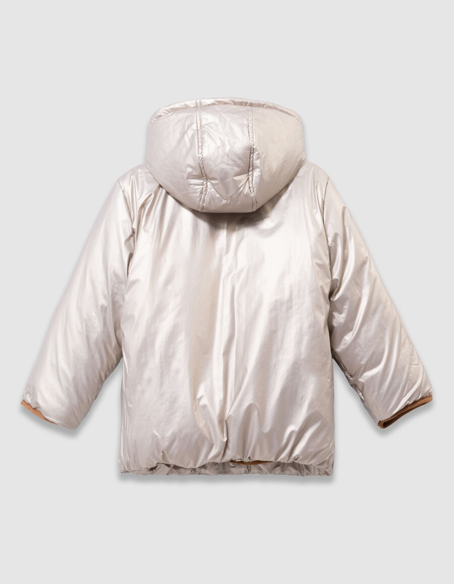 chaqueta acolchada reversible con cuadros dorados y sherpa para niña