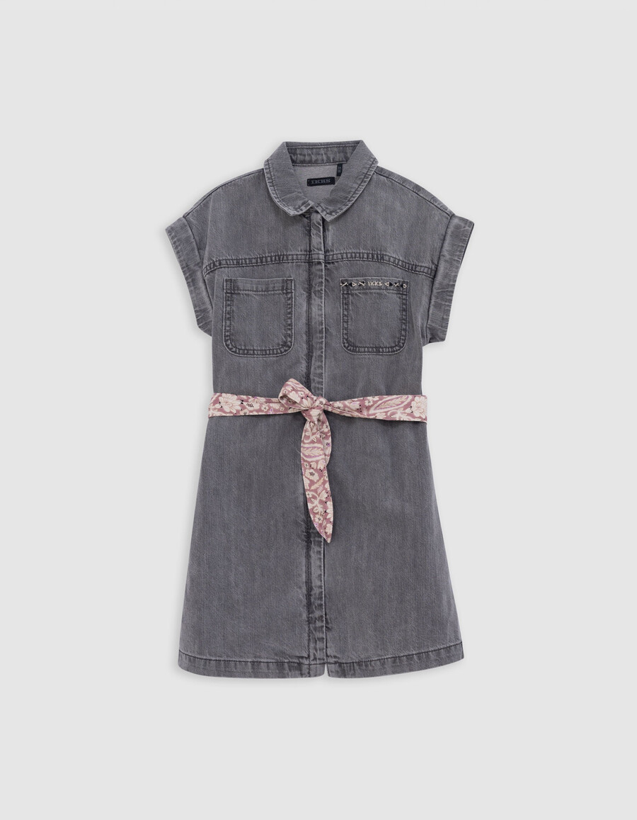 vestido vaquero gris con cinturón estampado de algodón orgánico para niña