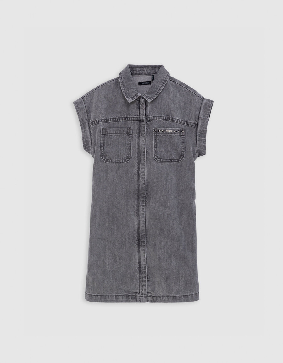 vestido vaquero gris con cinturón estampado de algodón orgánico para niña