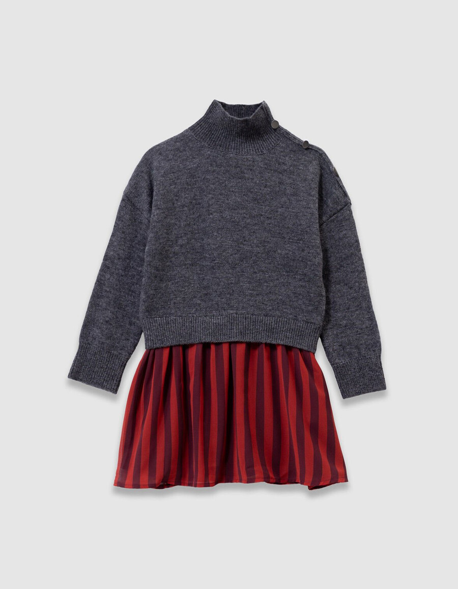 vestido de niña de punto gris mixto con rayas rojas