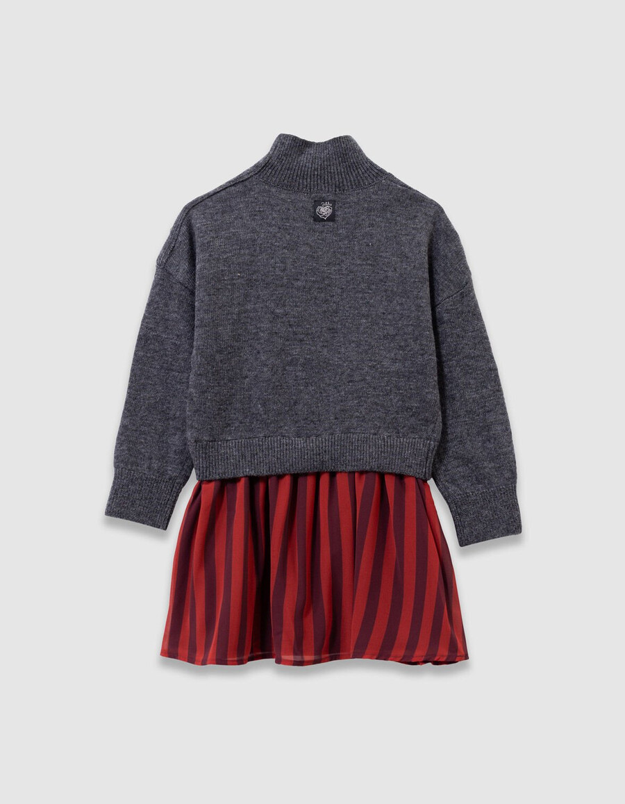 vestido de niña de punto gris mixto con rayas rojas