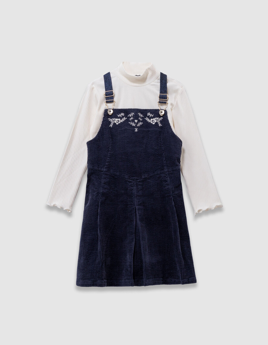 vestido de terciopelo azul marino y camiseta blanca 2 en 1 para niña