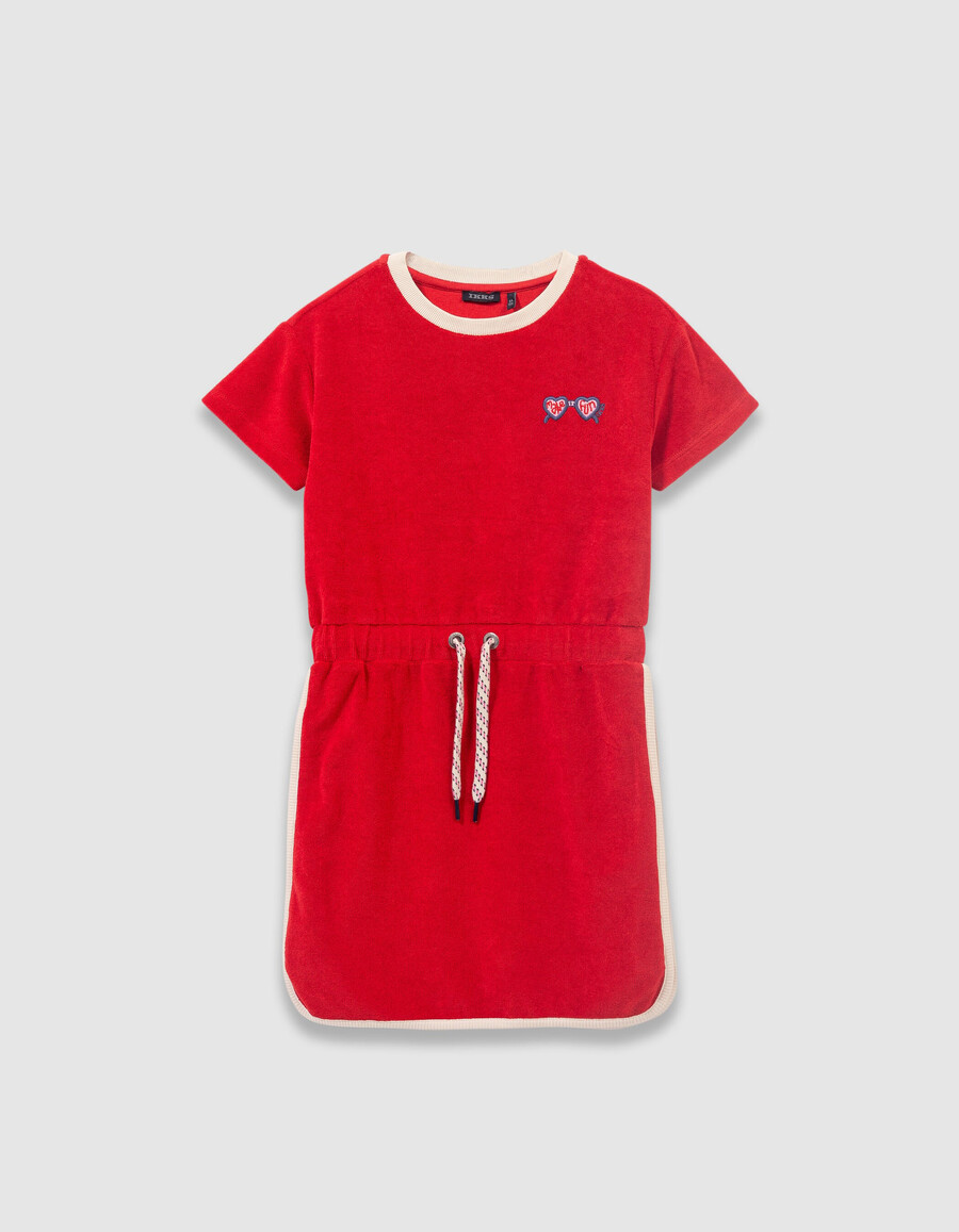 vestido de niña de tela de rizo roja con cordón en la cintura