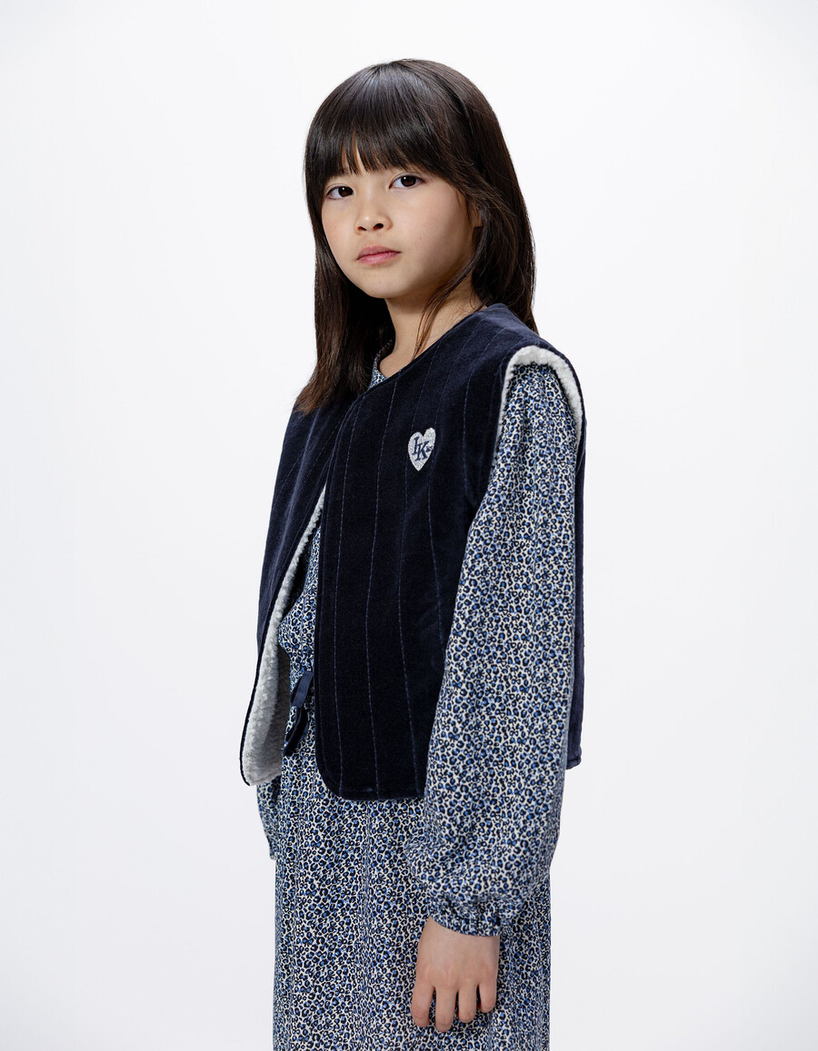 vestido y chaleco 2 en 1 para niña con estampado de leopardo y lazo azul marino