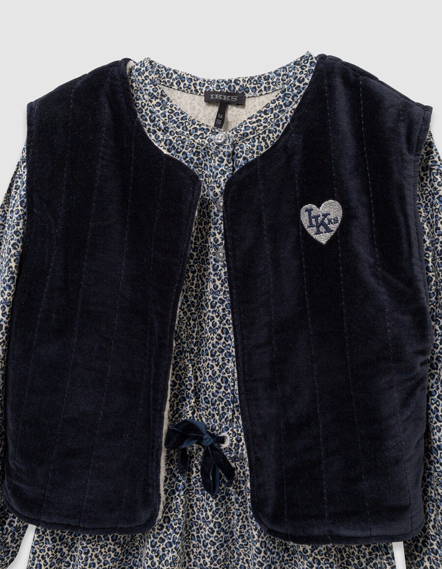vestido y chaleco 2 en 1 para niña con estampado de leopardo y lazo azul marino