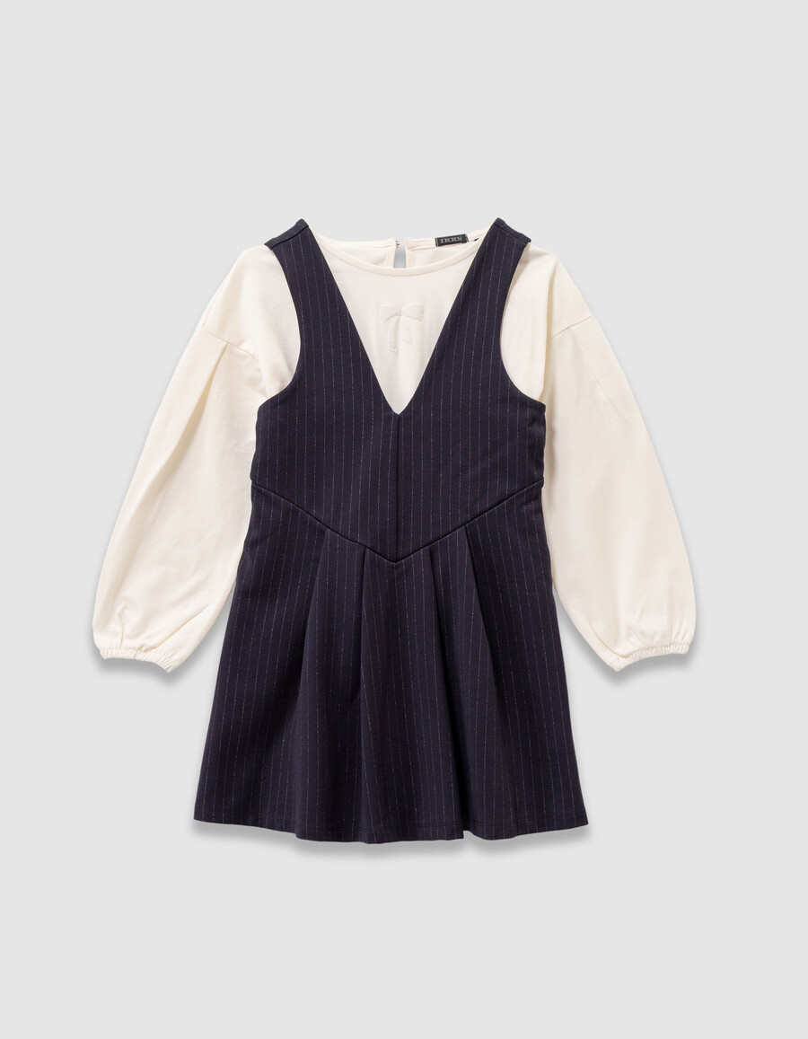 vestido azul marino de raya diplomática y camiseta color crudo 2 en 1 para niña