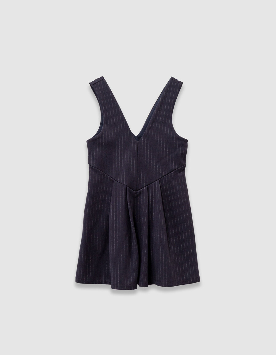vestido azul marino de raya diplomática y camiseta color crudo 2 en 1 para niña