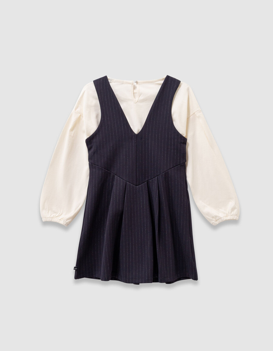 vestido azul marino de raya diplomática y camiseta color crudo 2 en 1 para niña