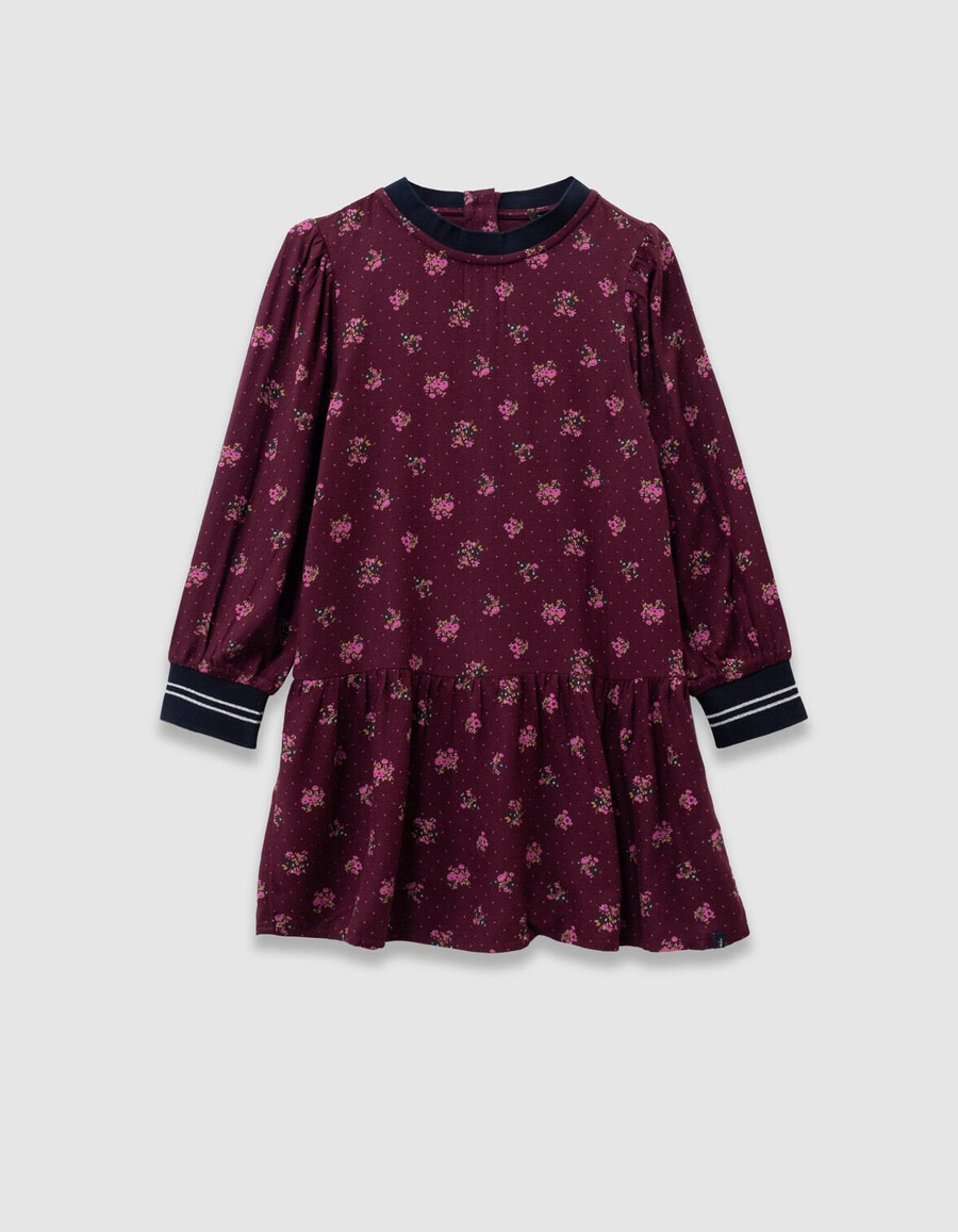 vestido burdeos de manga larga para niña con estampado de ramos