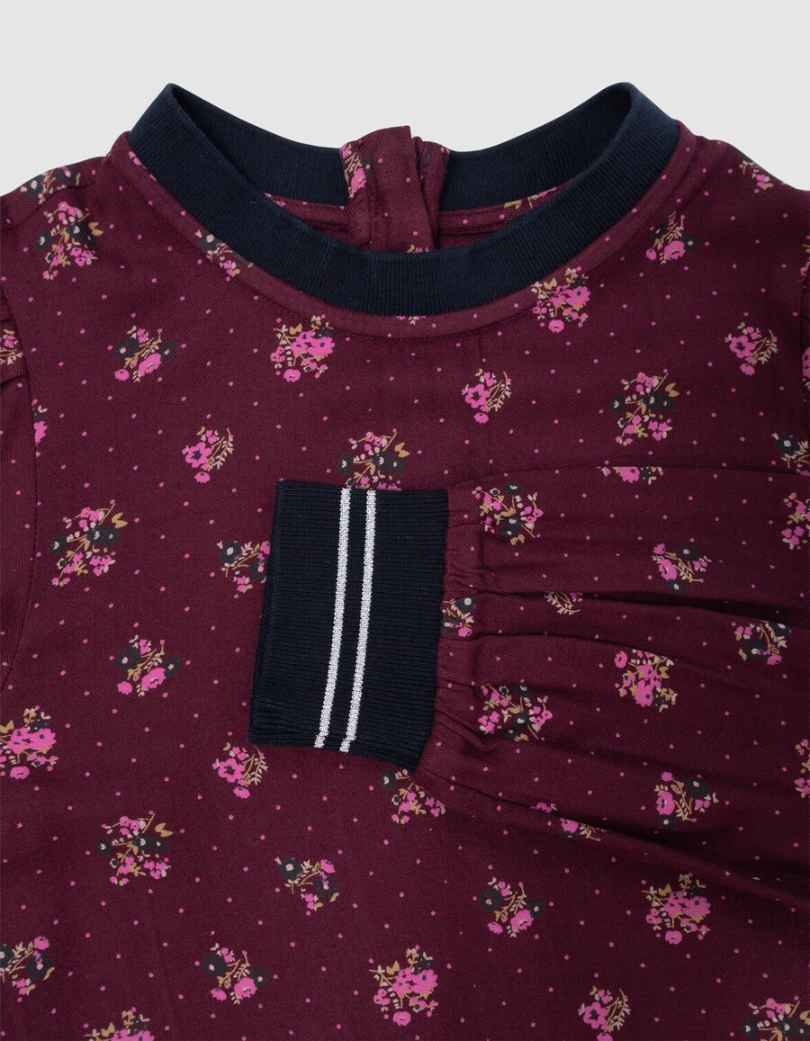 vestido burdeos de manga larga para niña con estampado de ramos