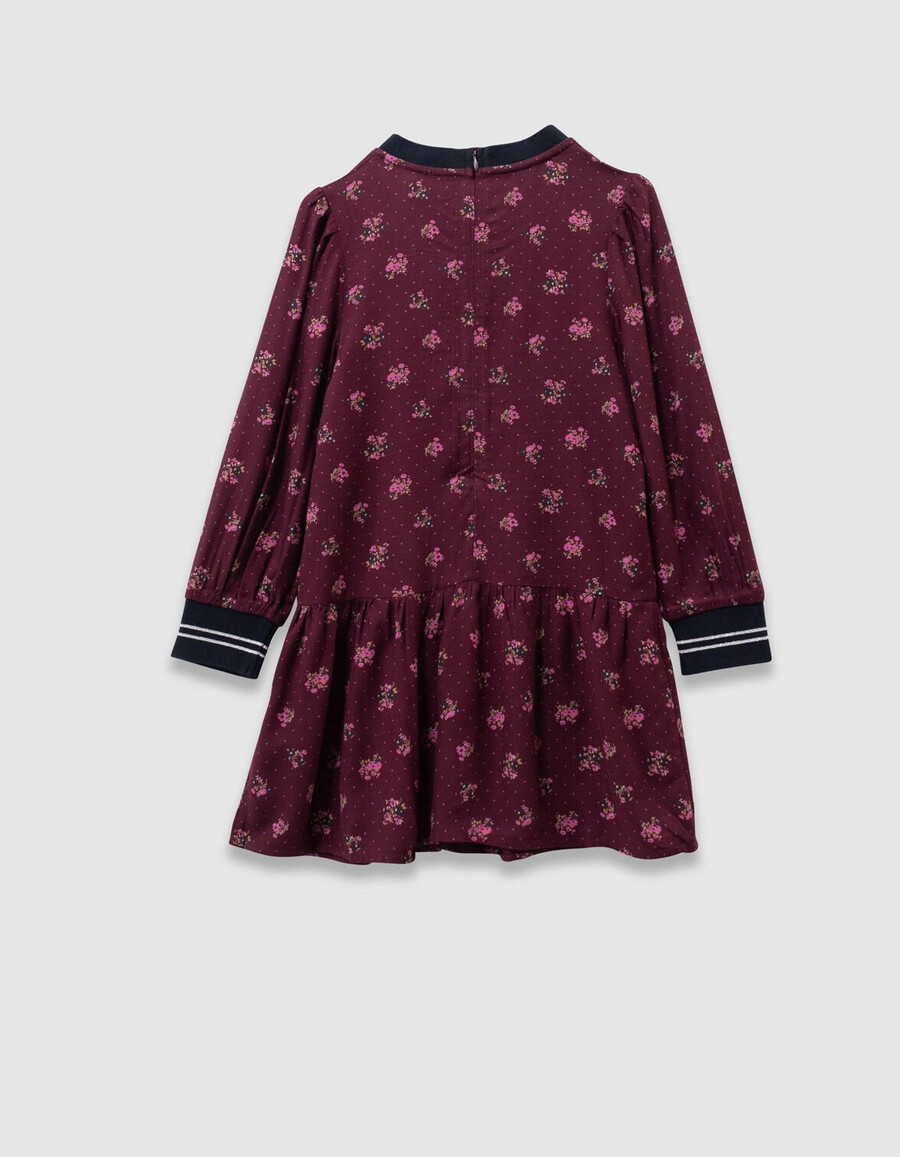 vestido burdeos de manga larga para niña con estampado de ramos