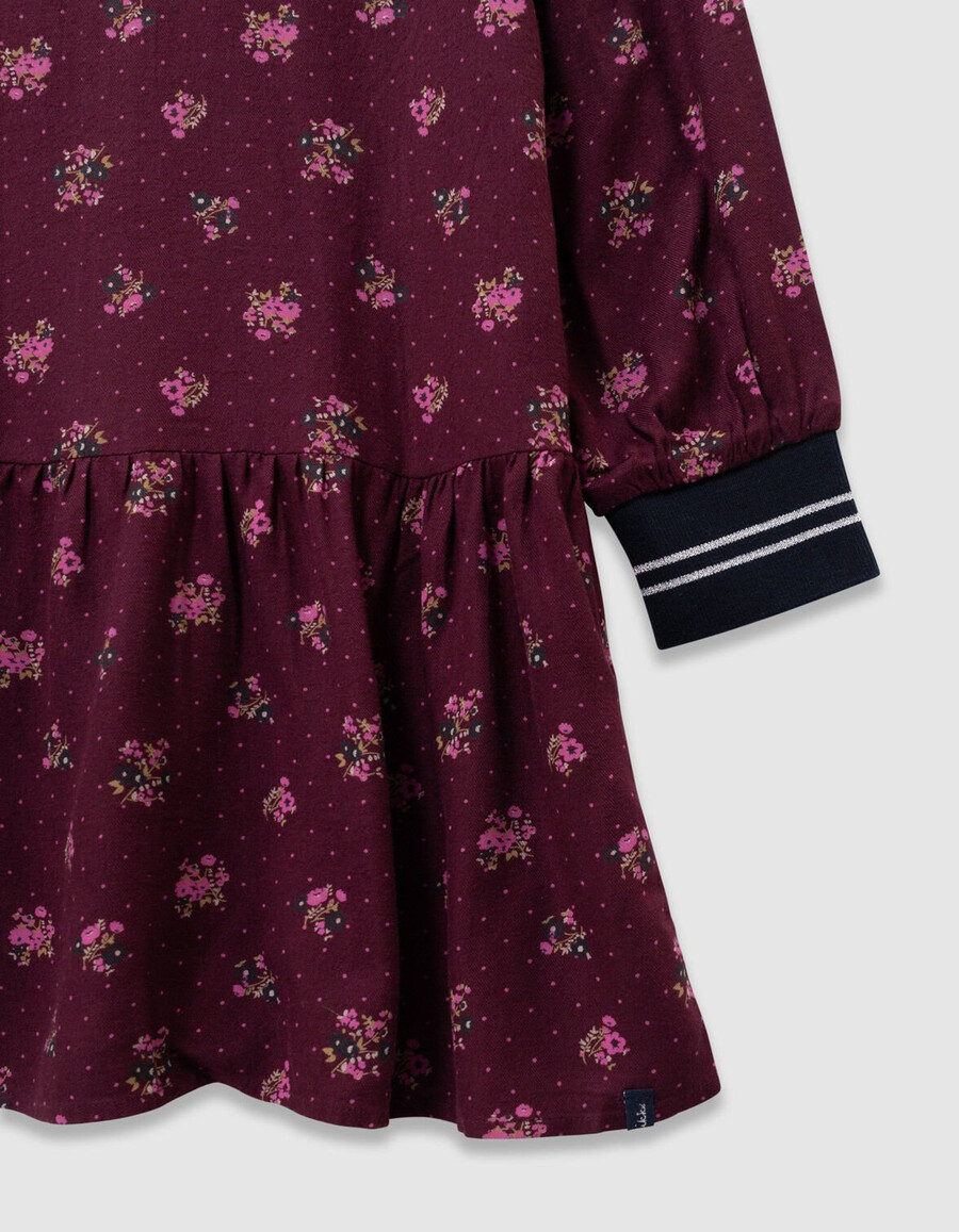 vestido burdeos de manga larga para niña con estampado de ramos