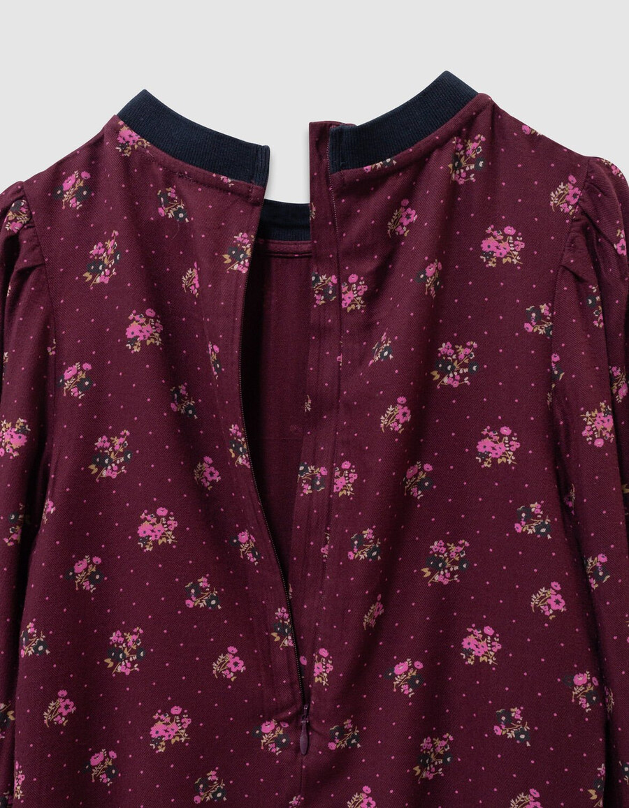 vestido burdeos de manga larga para niña con estampado de ramos