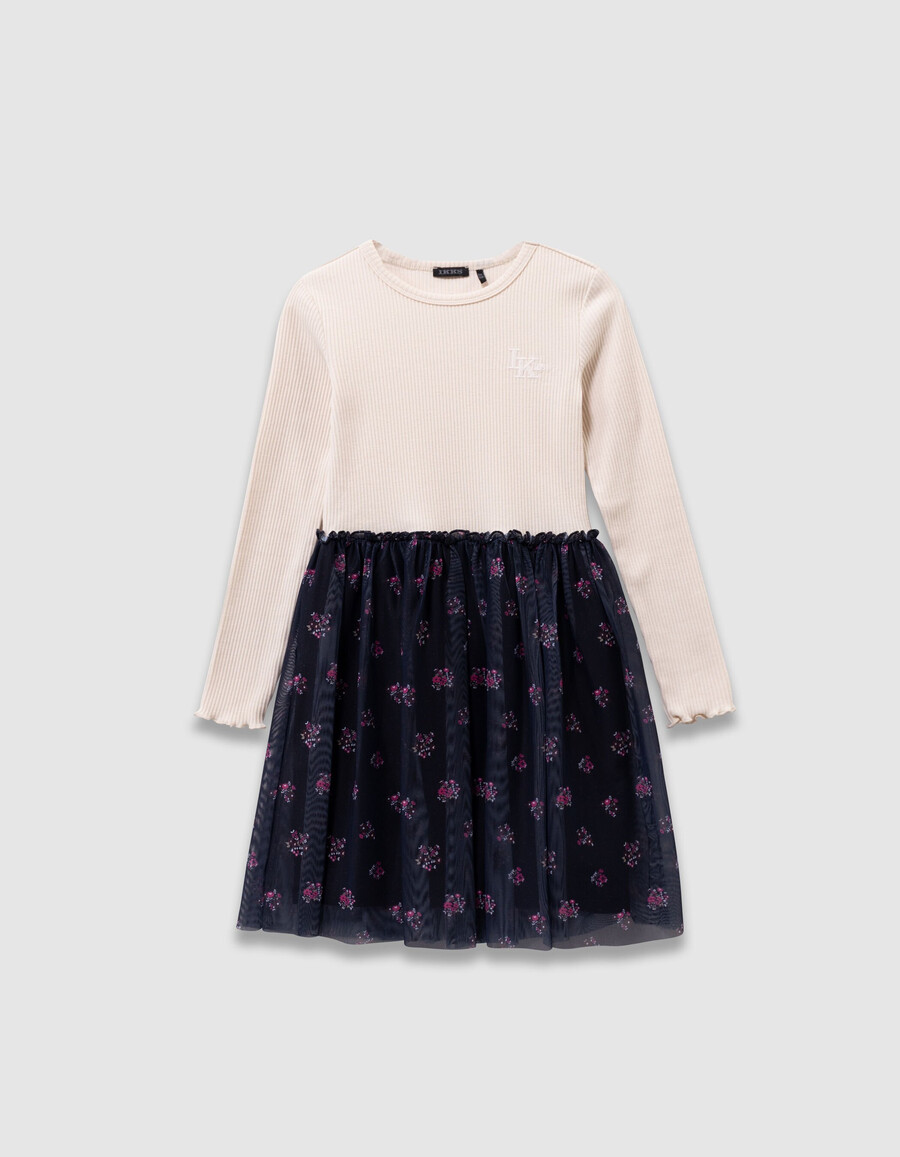 vestido de niña de tul en mezcla de tejidos crudo y bouquet