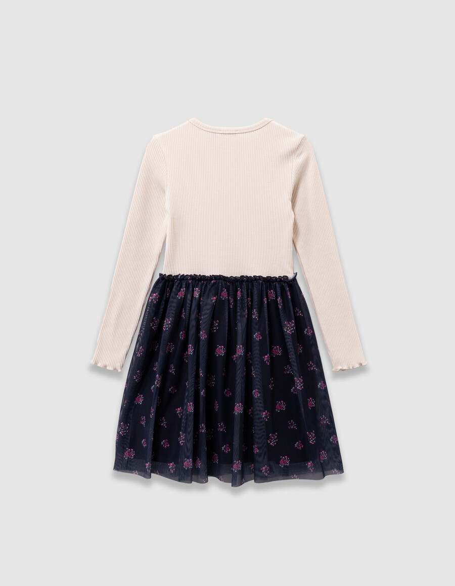 vestido de niña de tul en mezcla de tejidos crudo y bouquet