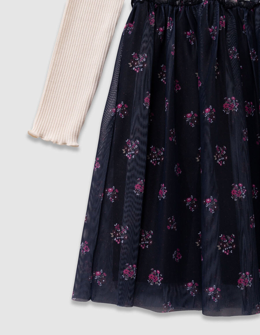 vestido de niña de tul en mezcla de tejidos crudo y bouquet